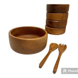 Vintage Teak Wood Salad Bowl Set Brown Thailand Set Of 7
